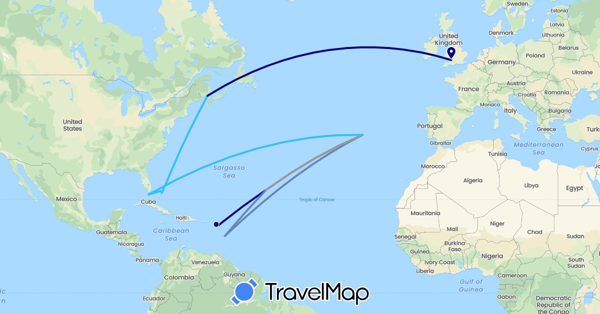TravelMap itinerary: driving, plane, cycling, boat in Bahamas, Canada, France, United Kingdom, Saint Kitts and Nevis, Portugal, United States (Europe, North America)